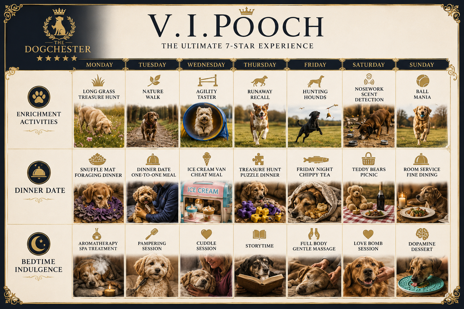The Dogchester V.I.Pooch Weekly Experience Schedule